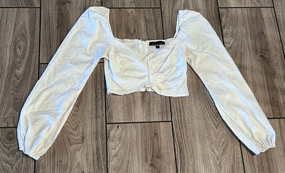 Blue Blush Blouse Womens M Crop Top White Ruched Front Puff Sleeve Zip Back